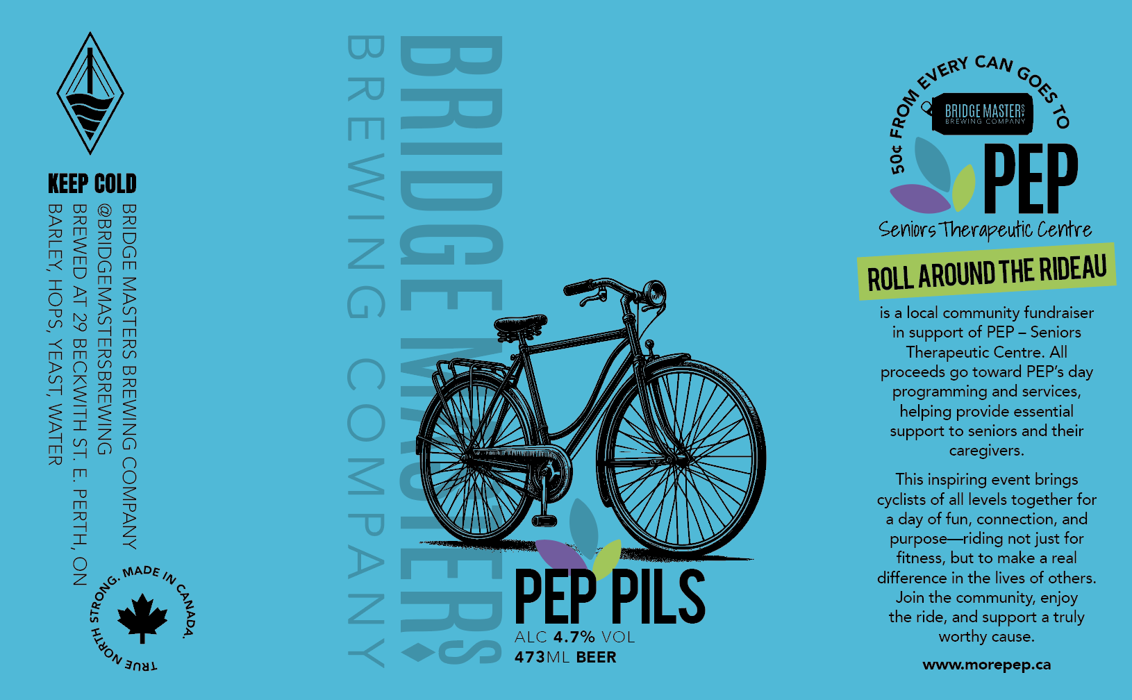 Draft can sleeve for PEP Pils by Bridge Masters Brewing: turquoise label with bicycle art, Roll Around the Rideau banner, and note that fifty cents from each can supports PEP Seniors Therapeutic Centre